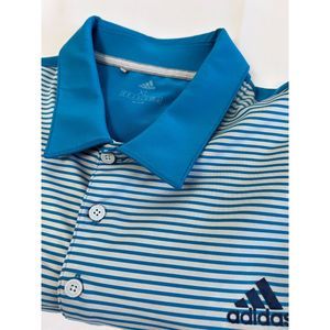 Adidas Golf Stripped Polo Large Polyester Button Collar Blue White Navy Accents
